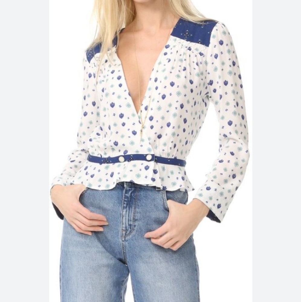 💖Free People White and Blue Floral Blouse